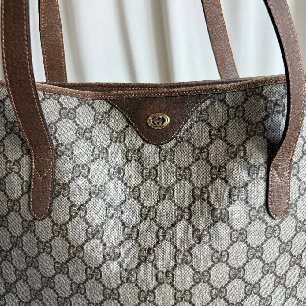 Gucci GG Supreme Vertical Tote - Brown Leather Trim, Large, Vintage